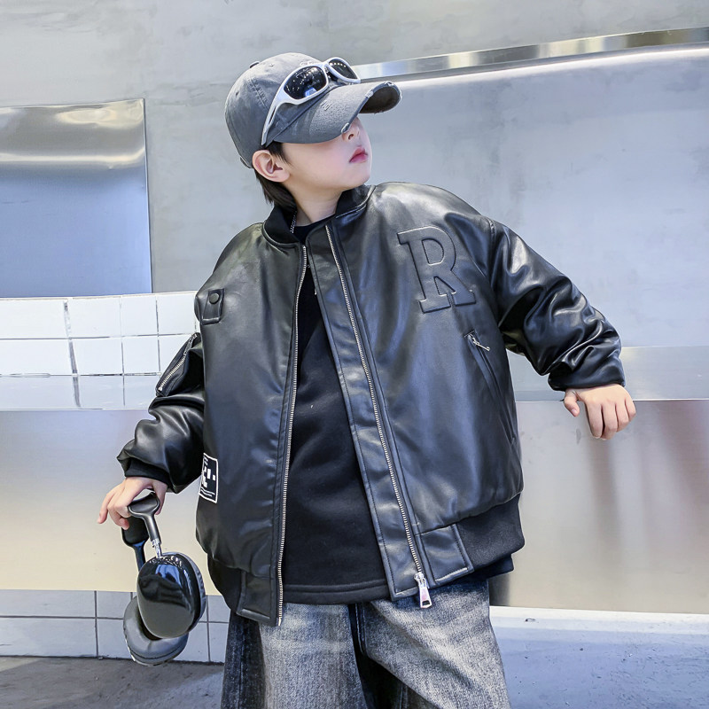 男童冬季潮酷机车棒球加厚皮衣棉服2024新款儿童男孩初冬夹棉外套