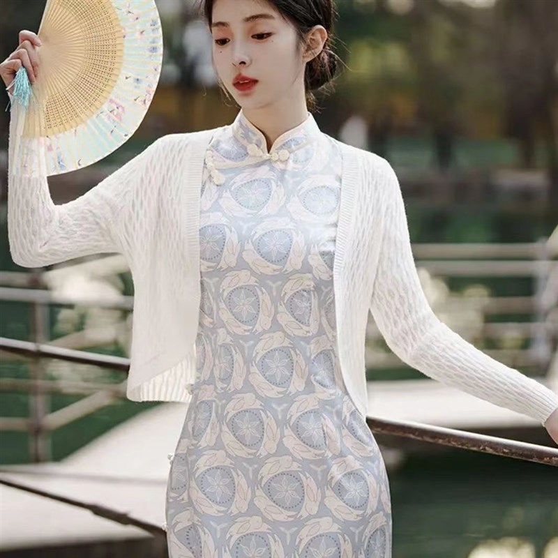 旗袍披肩外搭春秋短款修身中式喜婆婆结婚礼服针织小开衫秋季外套