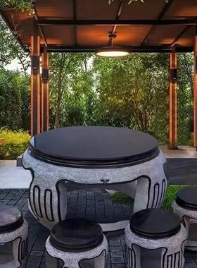 石雕石桌石e凳青石庭院圆桌椅一套花园茶桌天然大理石桌子户外摆