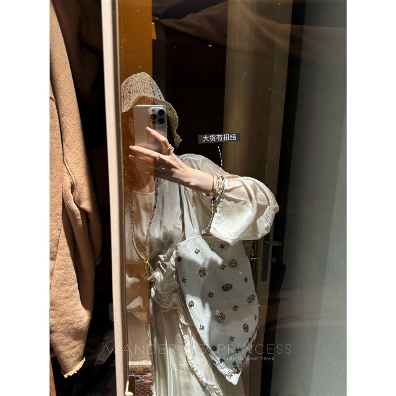 钱美西 几何钉珠亚麻抽绳手工手提包 新中式时尚覆古包百搭通勤包