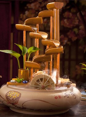 新中式陶瓷流水喷泉水景招财风水轮创意竹子流水器桌面办公室摆件