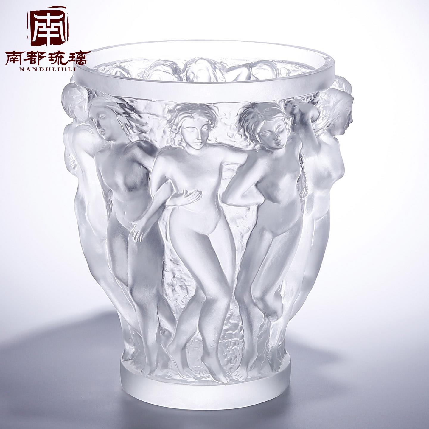法式水晶琉璃浮雕艺术品出口莱俪高级感客厅高档美女花瓶装饰摆件