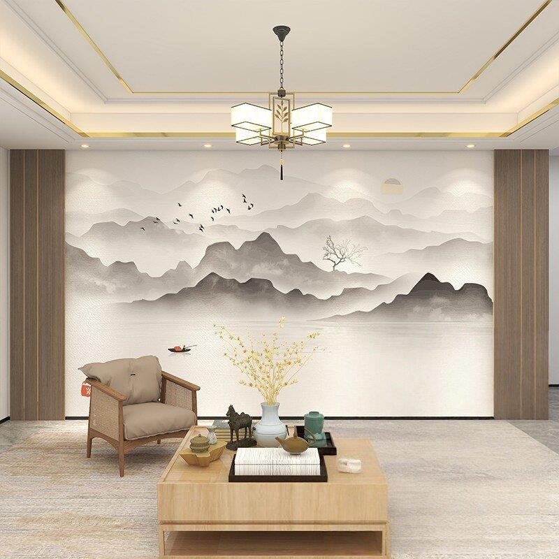 碳晶板新中式水墨画山水画大气电视沙发背景墙护墙板木饰面板装饰