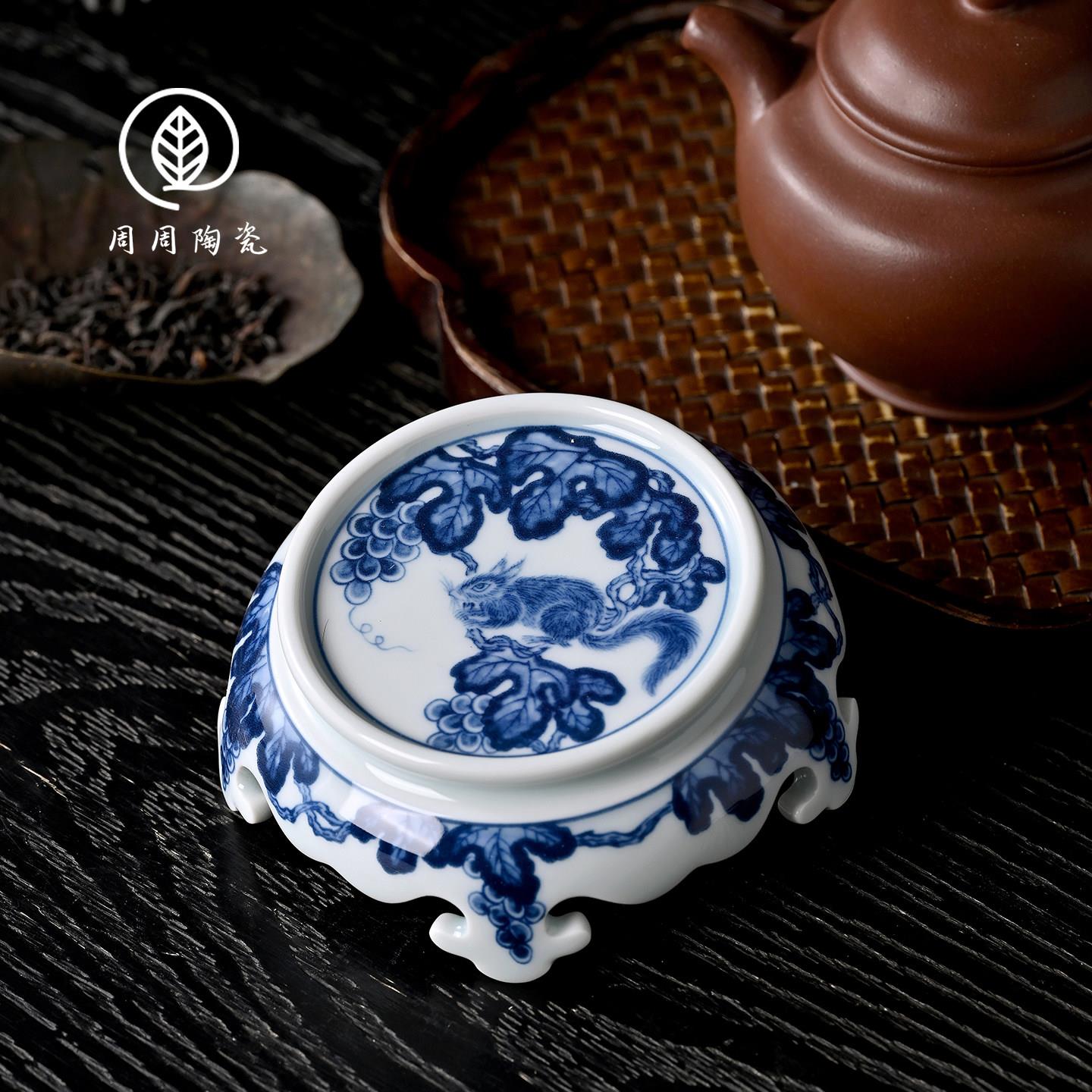 景德镇青花松鼠板凳盖置杯垫小紫砂壶盖托壶承家用茶道零配图片