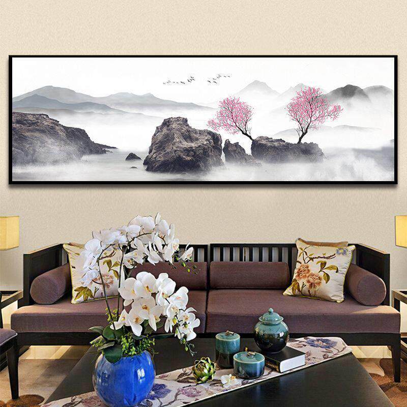 新中式山水风景装饰画客厅沙发背景墙挂画有框喷绘现代简约