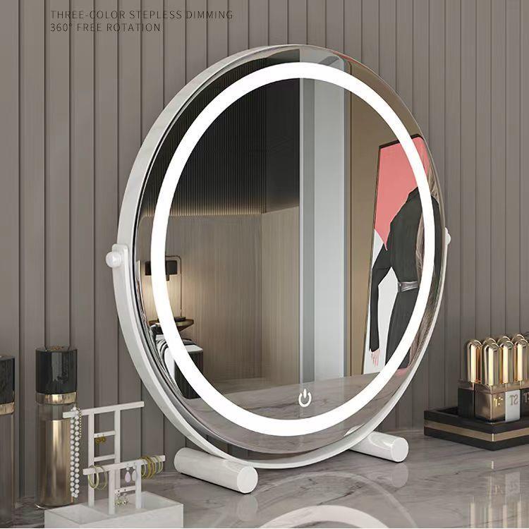 北欧智能镜家居铁艺圆形卧室化妆镜化妆台镜子网红化妆镜台式桌面