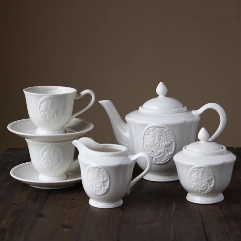 出口欧洲陶瓷白色法式宫廷女王浮雕茶壶咖啡杯碟/奶壶糖罐