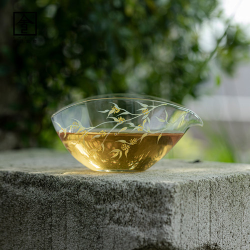 玻璃手绘迎春公道杯小清新绿茶分茶器高透明茶海家用简约扁舟公杯