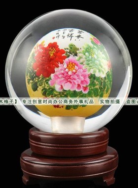 精品水晶球内画牡丹花开富贵礼品工艺品传统工艺办公摆件书房装饰