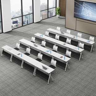 可折叠拼接会议培训机构桌椅移动拼接组合办公双人多功能圆桌课桌