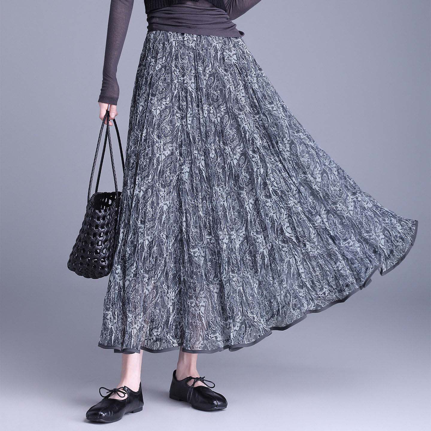 复古印花裙2026春季复古网纱印花压皱百褶裙长裙半身裙高腰大摆裙
