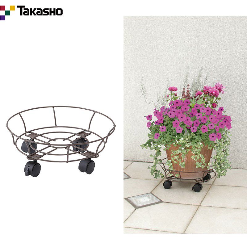 Takasho带滑轮铁制花盆底座(护栏型)可移动圆形托盘NPM-CC02