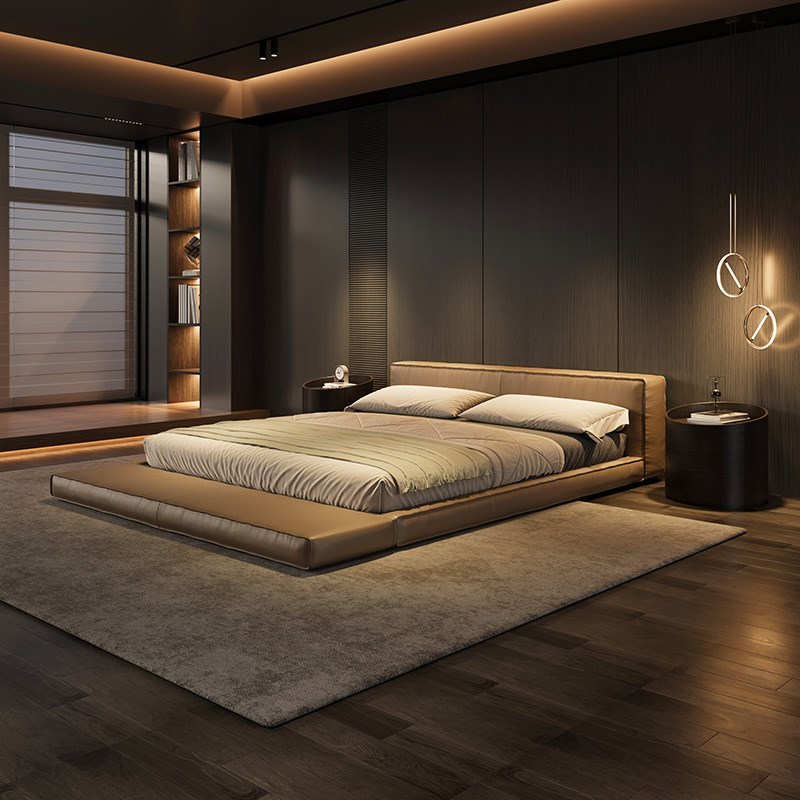 布达佩斯床baxter真皮床现代意式极简棕色主卧地台2米x2米2双人床