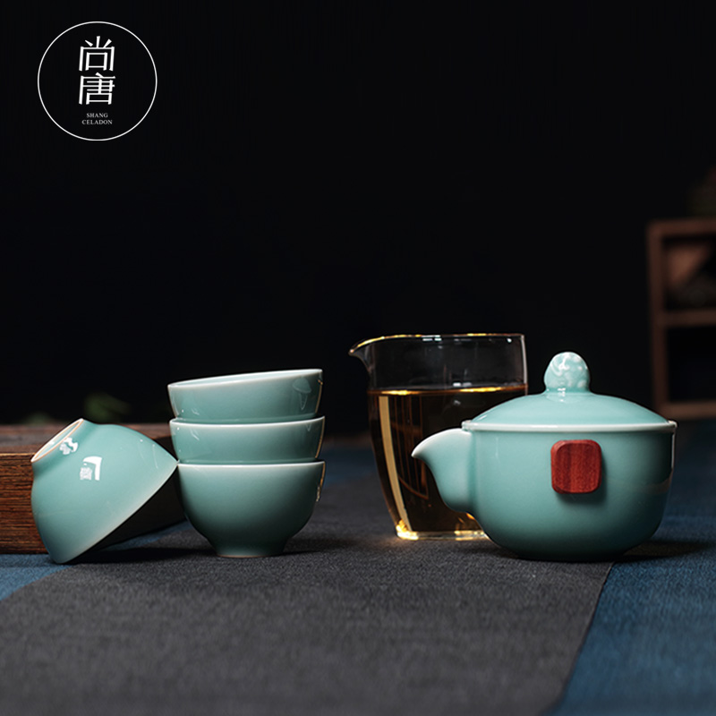 青瓷快客杯便携功夫茶具套装龙泉市陶瓷家用户外露营手抓壶旅行套