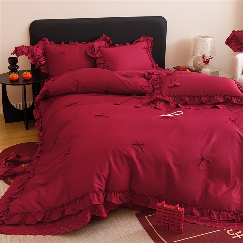 甜蜜之约婚庆四件套全棉立体蝴蝶结法式花边结婚被套床单床上用品