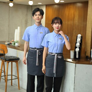 高端服务员工作服短袖夏季衬衫咖啡奶茶店快餐厅酒店定制衬衣男女