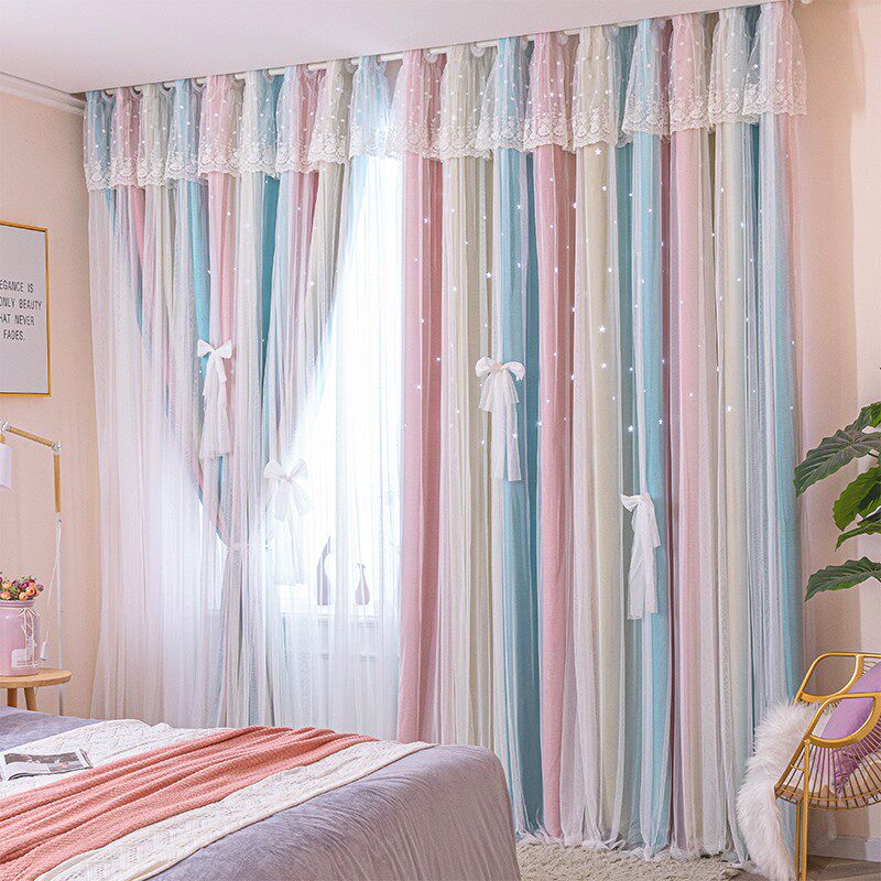 2021年新款渐变镂空星星彩条卧室客厅飘窗成品遮光定制挂钩窗帘布