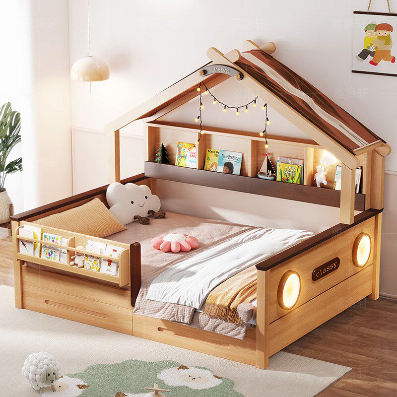 原木色儿童床实木床女孩床男孩护栏床衣柜一体带抽屉小孩树屋床