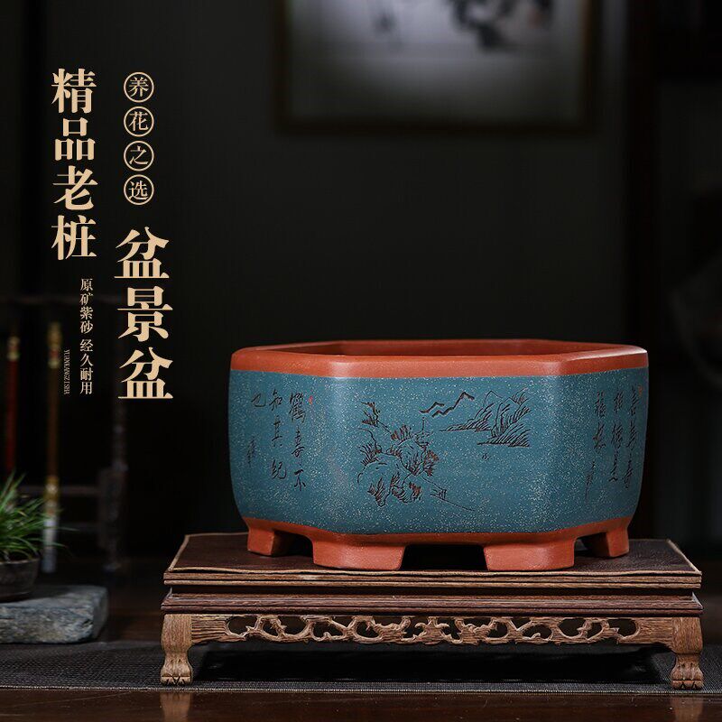 宜兴紫砂花盆精品六方盆特大号手工透气花盆陶瓷大号六方形盆景盆