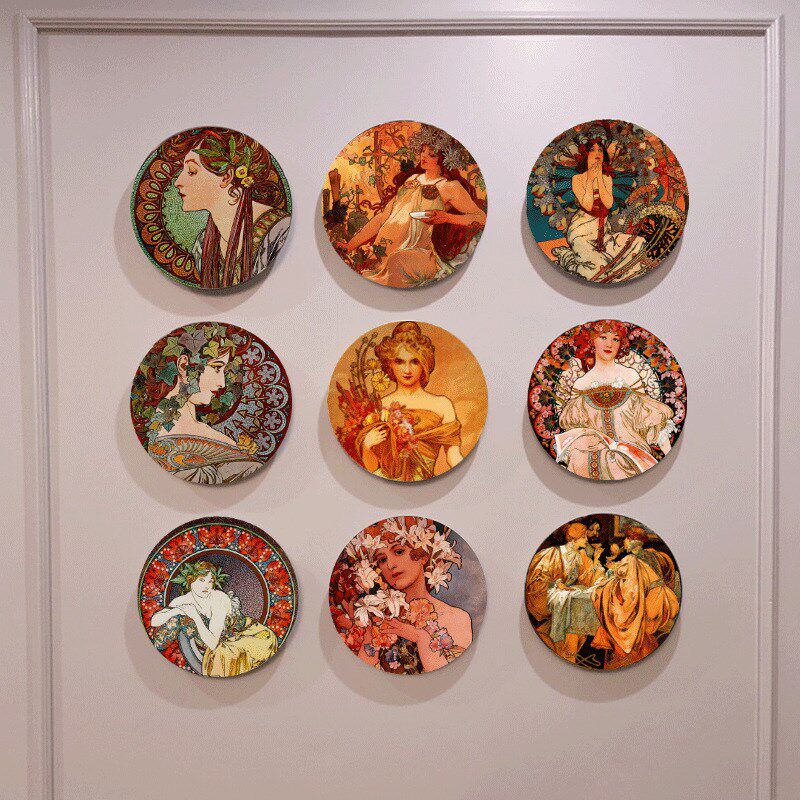 Mucha穆夏手绘海报装饰盘复古欧式女人肖像瓷盘画沙发背景墙挂画