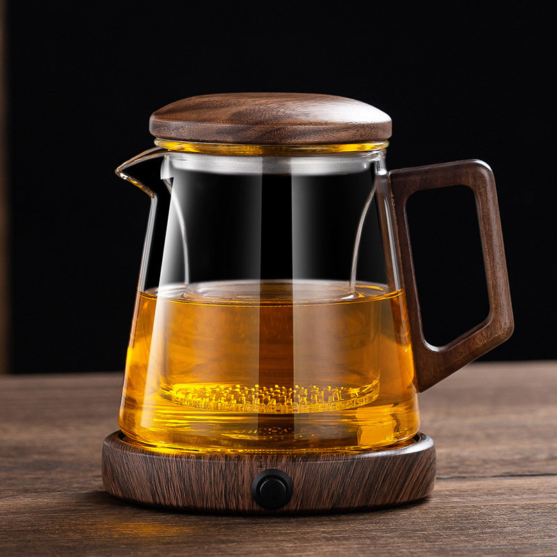 加厚玻璃泡茶壶茶水分离茶杯胡桃木把手带盖红茶耐用家用办公茶具