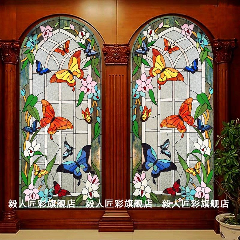 教堂新款镶嵌彩色门窗吊顶隔断玄关蒂凡尼屏风艺术玻璃现代蝴蝶
