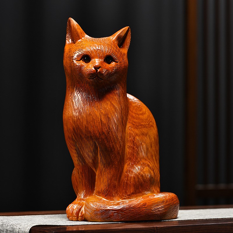 花梨木雕摆件猫咪实木头雕刻动物家居客厅桌面办公司装饰礼品摆件