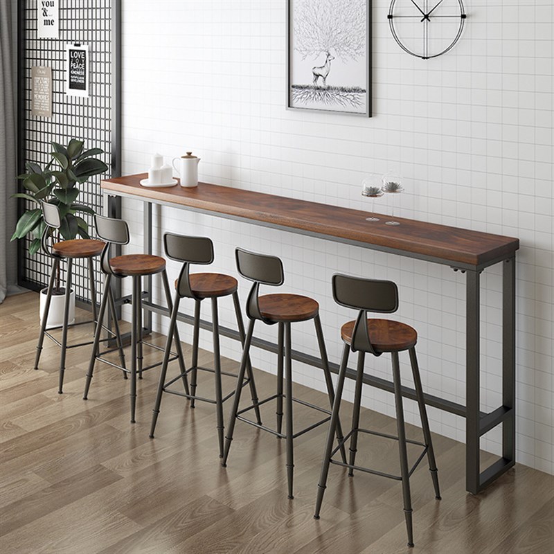 美式简约酒吧实木吧台桌椅 咖啡厅高脚桌椅组合家用靠墙长条桌