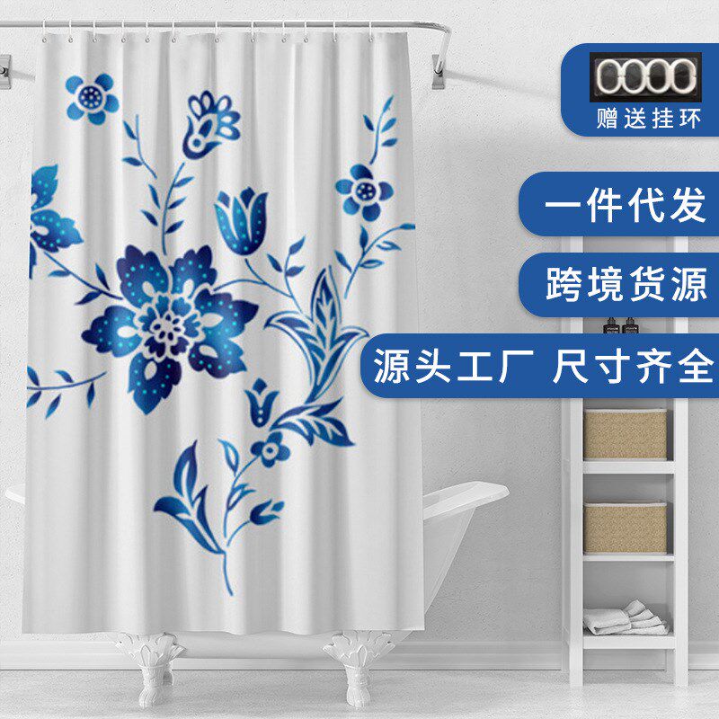 现代简约方格印花浴帘卫生间防水窗帘涤纶防水淋浴帘多色防透浴帘