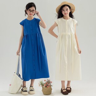 女童裙子2025新款初中生森系度假风连衣裙大童长裙宽松飞袖A字裙