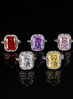 轻奢小众设计高碳钻冰花切超闪彩色满钻戒指时尚长方红色豪镶指环