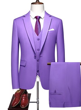 男士大码西服三件套浅紫色休闲男装主持人婚礼拍照宴会西装礼服