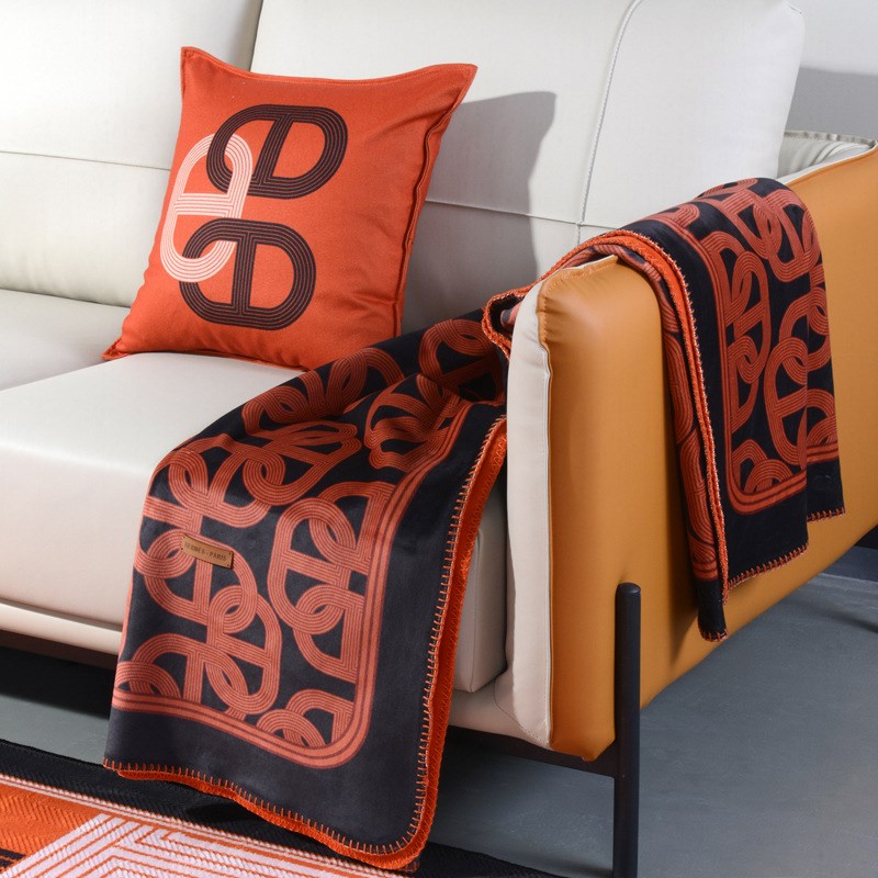 轻奢橙色印花锦狐绒毛毯 加厚双层复合沙发空调休闲旅行盖毯子