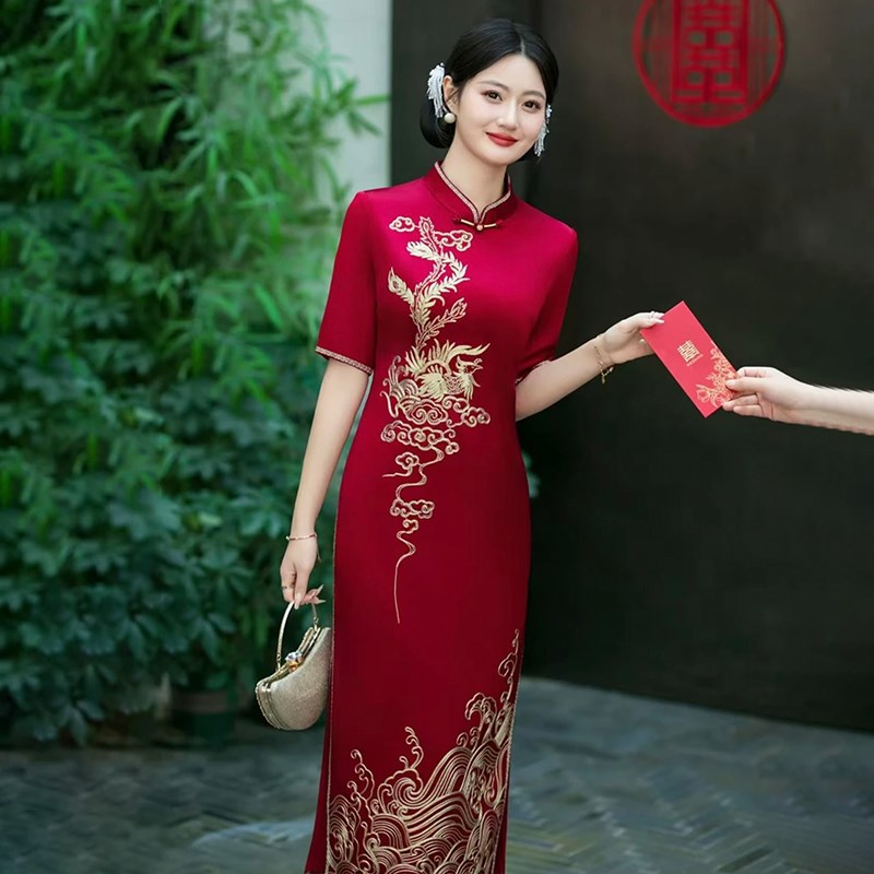喜妈妈礼服婚宴款旗袍连衣裙夏季新款高端醋酸优雅显瘦气质结婚女