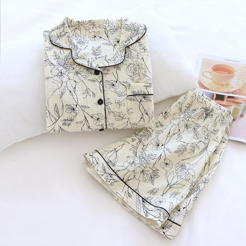 夏季薄款纯棉泡泡棉纱布翻领素色水墨花短袖全棉家居服睡衣套女