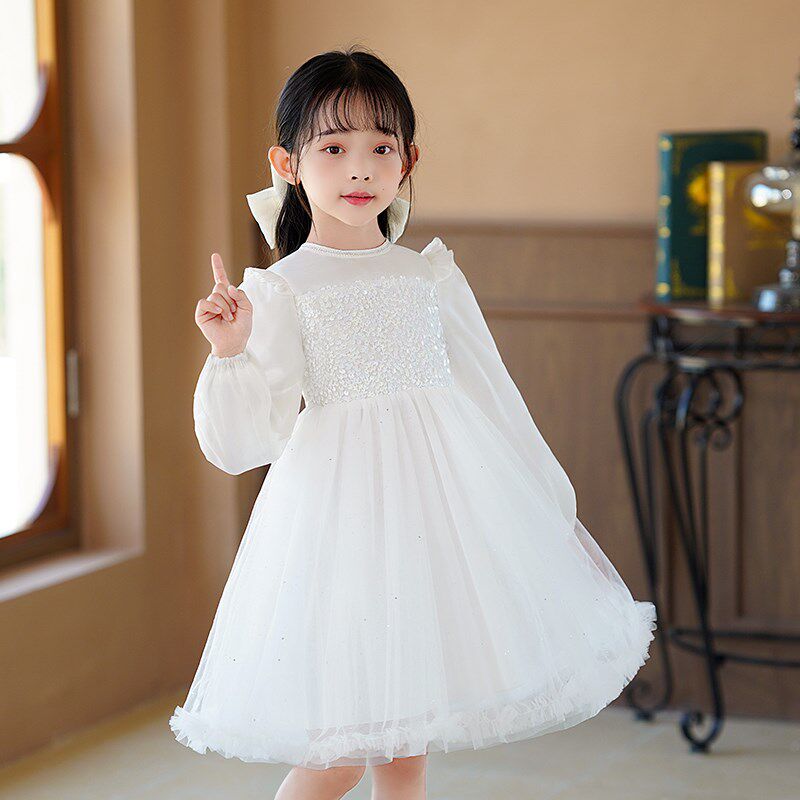女童早秋连衣裙宝宝长袖秋款白色仙美公主裙幼儿园表演生日蓬蓬裙