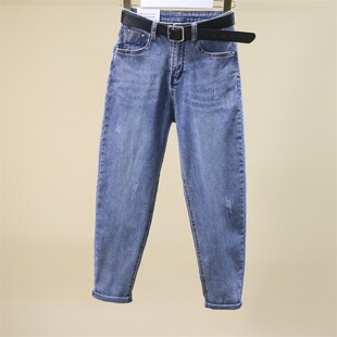 萝卜裤 高腰弹力牛仔裤 韩版 浅蓝色九分哈伦裤 子女宽松春夏薄21新款