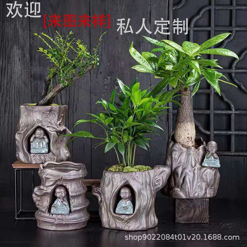 创意黑陶紫砂陶瓷花盆复古禅意多肉花盆桌面文竹盆栽盆景花盆