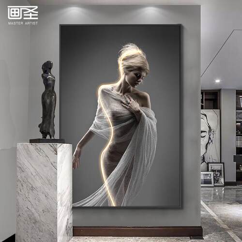 led灯光画后现代客厅沙发落地画玄关装饰M画走廊瑜伽轻奢女人挂画
