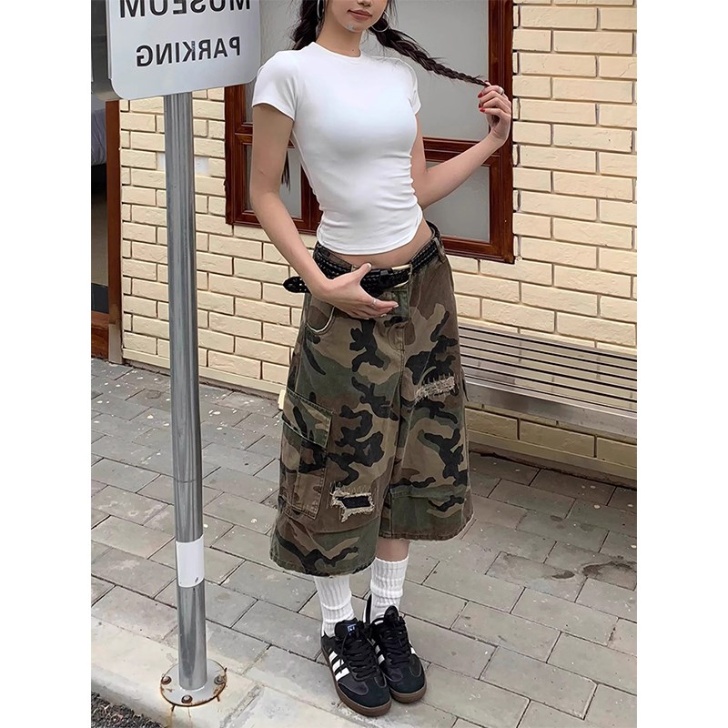 美式复古宽松迷彩破洞牛仔短裤女2025夏季新款高腰显瘦阔腿七分裤