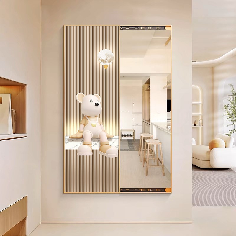 网红熊隐藏式全身镜壁画入户玄关镜穿衣镜子装饰画推拉隐形镜挂画