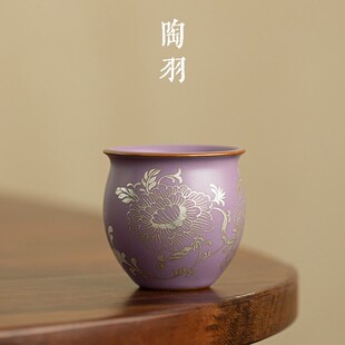 仿宋汝窑丁香紫牡丹束口杯主人杯家用陶瓷品茗杯单杯功夫茶具茶杯