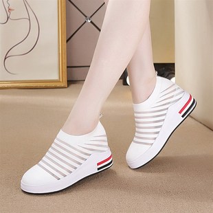 网鞋女透气网面一脚蹬软底镂空内增高小白鞋8cm女鞋坡跟夏天白鞋