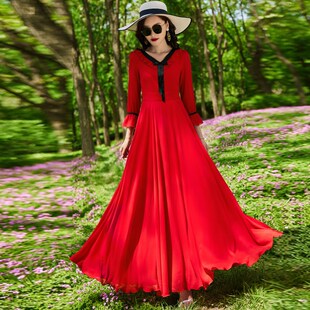 白色大摆连衣裙女夏雪纺V领2024新款 裙子563 御姐风海边度假超长款