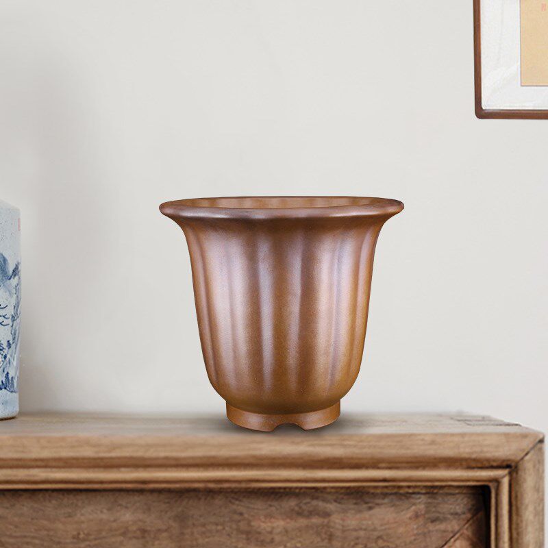 新款高档精品宜兴名家秦夕洪筋纹段泥柴烧绿釉面金钟兰花盆景盆