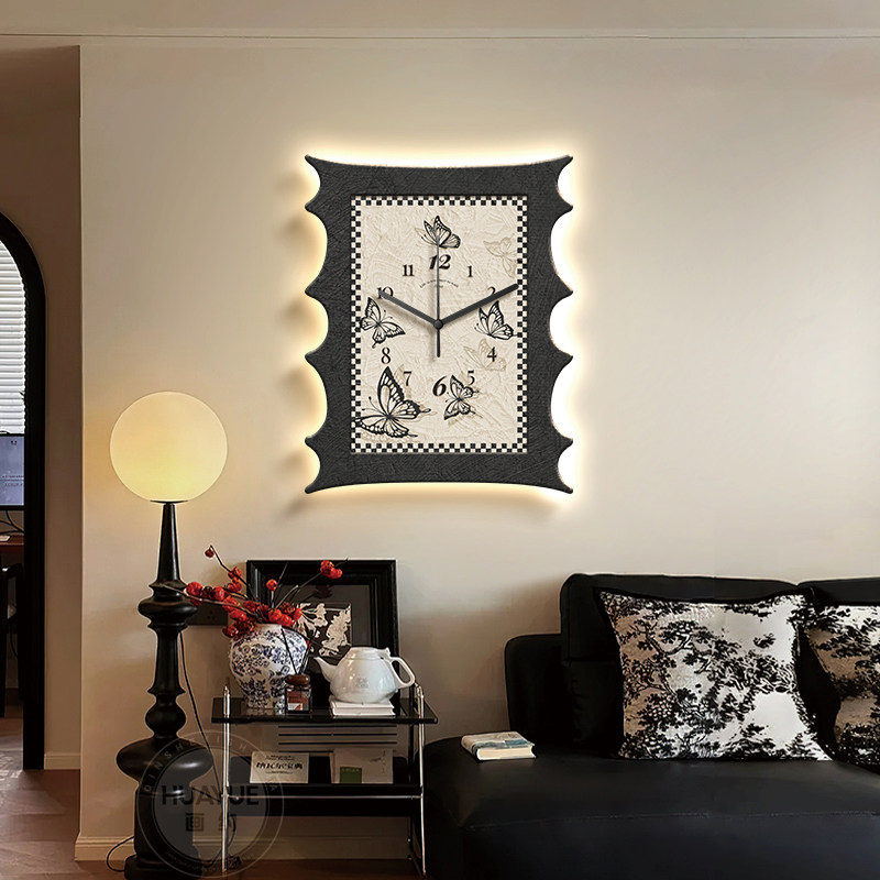 法式复古客厅挂钟中古风餐厅装饰画餐桌边创意钟表挂墙黑白时钟画