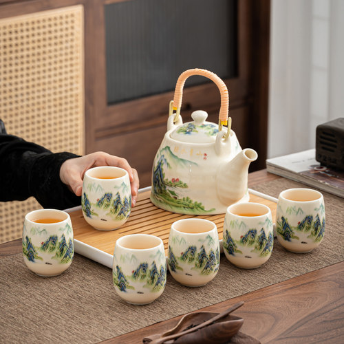 2024年新款提梁壶功夫茶具套装陶瓷家用送礼大号茶壶茶杯整套中式