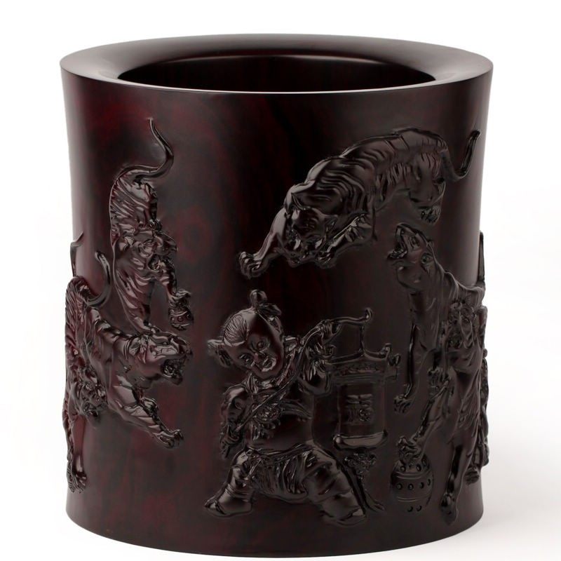 红木雕刻大笔筒办公室桌面实木摆件 中国风紫檀木制毛笔收纳桶大