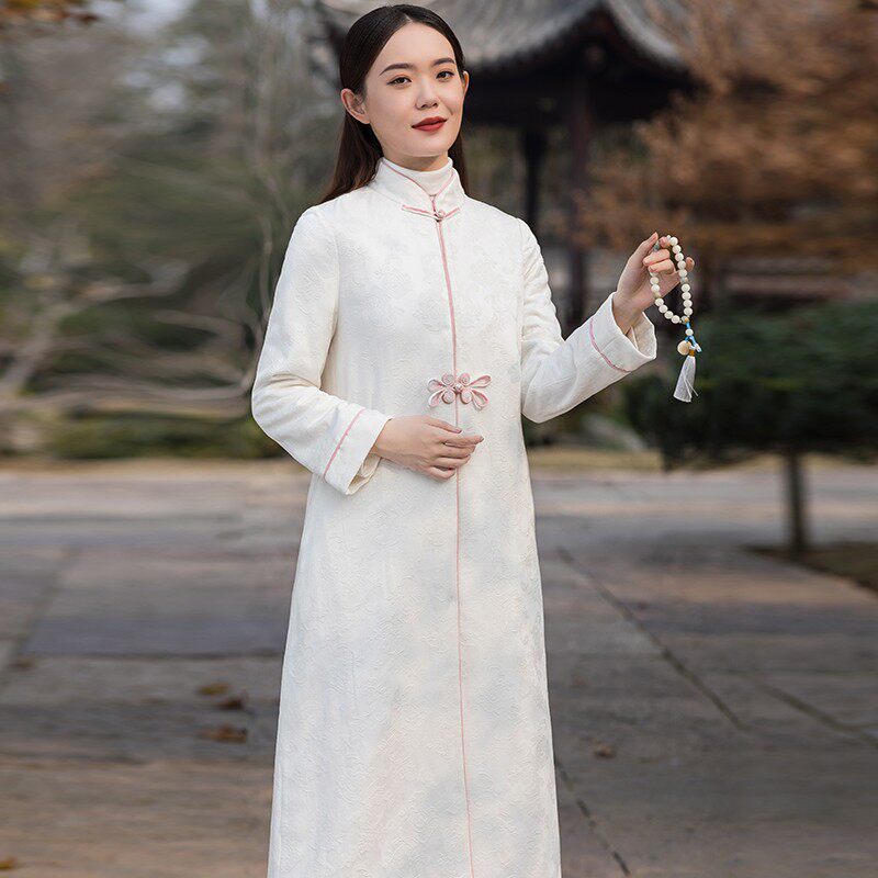唐装女民族中国风冬季加s绒棉麻棉衣禅意茶服复古加厚旗袍外套棉