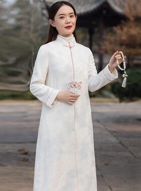 唐装女民族中国风冬季加s绒棉麻棉衣禅意茶服复古加厚旗袍外套棉